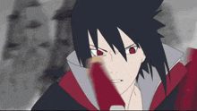 a cartoon character with red eyes and black hair