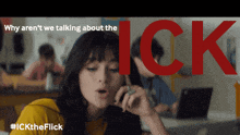 a girl is talking on a cell phone with the word flick in red