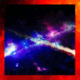 a colorful painting of a galaxy with a red border