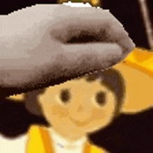 a cartoon character wearing a yellow jacket and a hat is being touched by a hand .