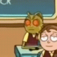 a cartoon character is sitting at a desk next to another cartoon character .