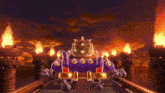 a cartoon character is riding on top of a purple car