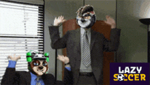 a man in a suit and tie is wearing a mask with the words lazy soccer in the corner