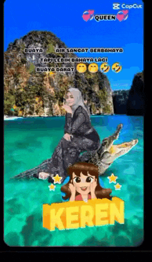 a picture of a woman sitting on a crocodile with the word keren in the corner