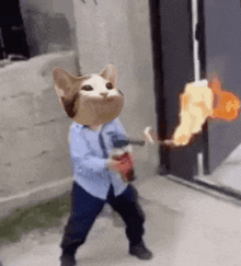 a person with a cat 's head on their head holding a fire extinguisher