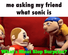 two stuffed animals are sitting on a red couch talking to each other