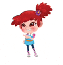 a girl with red hair and a flower in her hair is standing on a white background .