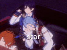 a group of anime characters are standing next to each other in a dark room and the word star is on the bottom .