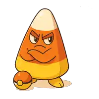 a cartoon illustration of a candy corn with an angry face standing next to a pokeball