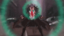 a man with a british flag on his chest is surrounded by a green circle .