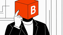 a man in a suit has a red box with the letter b on it