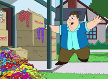 a man in a blue shirt is standing in front of a stack of boxes that say ' scotcharoo ' on them