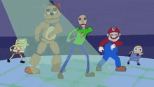 a group of cartoon characters are dancing together including freddy fazbear , baldi , spongebob and mario .