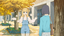 a girl in overalls stands next to another girl in a blue shirt