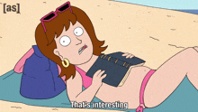 a cartoon of a woman laying on a beach reading a book