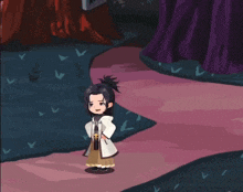 a cartoon character is standing on a pink path with a yellow speech bubble
