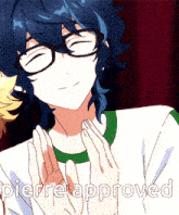 a picture of a boy with blue hair and glasses with the caption pierre approved