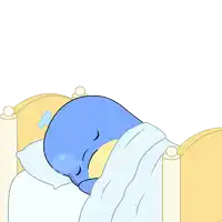 a blue bird is sleeping on a bed with a pillow