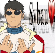 a cartoon of a man wearing sunglasses and a jacket with the word sylvain in the background