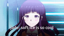 a purple haired anime girl with the words jade soft ice is so cool written below her