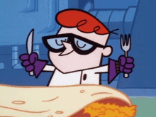 a cartoon character is holding a knife and fork in his hands