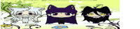 three cartoon characters are standing next to each other and one of them has a purple hat on