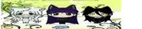 three cartoon characters are standing next to each other and one of them has a purple hat on