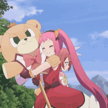 a girl with pink hair is holding a teddy bear