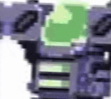 a pixel art drawing of a purple robot with a green screen behind it .