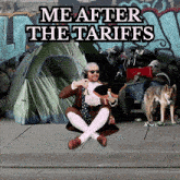 a man sits on the sidewalk in front of a tent with the words me after the tariffs below him