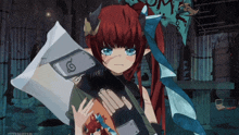 a girl with red hair is holding a pillow with a naruto headband on it