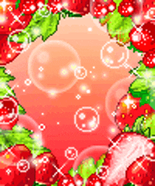 a pixel art of strawberries and green leaves on a pink background
