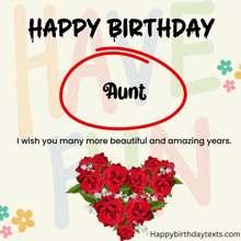 a happy birthday card for aunt with a heart of red roses