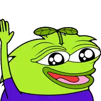 a green frog with a leaf on its head waving his hand