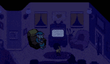a black and white pixel art of a room with a person sitting on a couch talking on a phone .