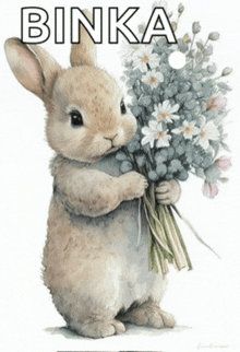 a picture of a rabbit holding a bouquet of flowers with the name binka on it
