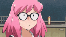 a cartoon girl with pink hair and glasses is making a funny face