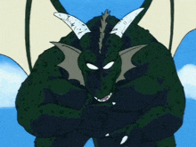 a cartoon drawing of a green dragon with wings and horns