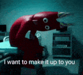 a red monster is sitting in a hospital bed with the words " i want to make it up to you "