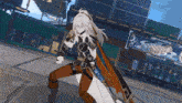 a video game character is standing in front of a building with a sign that says heroo