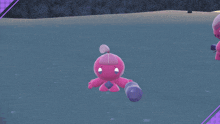 a pink stuffed animal is laying on a purple surface with music notes surrounding it