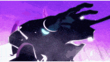 a purple background with a cartoon character 's head in the foreground .