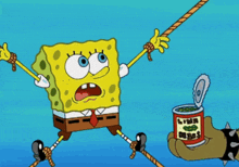 a cartoon of spongebob being tied to a rope with a can of lima beans