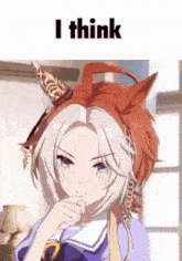 a girl with a horse headband on her head and the words `` i think '' .