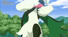 a cartoon drawing of a white and black animal with a green tail