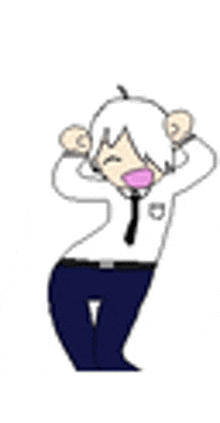 a cartoon of a man wearing a white shirt and tie is standing with his hands on his head .