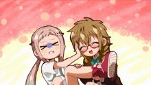 a cartoon of a girl holding another girl 's leg with the letter o on the shoe