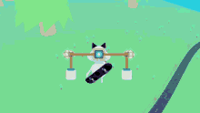 a cartoon cat is holding a purple skateboard with a blue square in its eyes