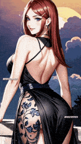 a woman in a black dress with a tattoo on her leg