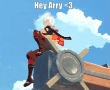 a cartoon character sitting on top of a wooden object with the words hey arry < 3 above her